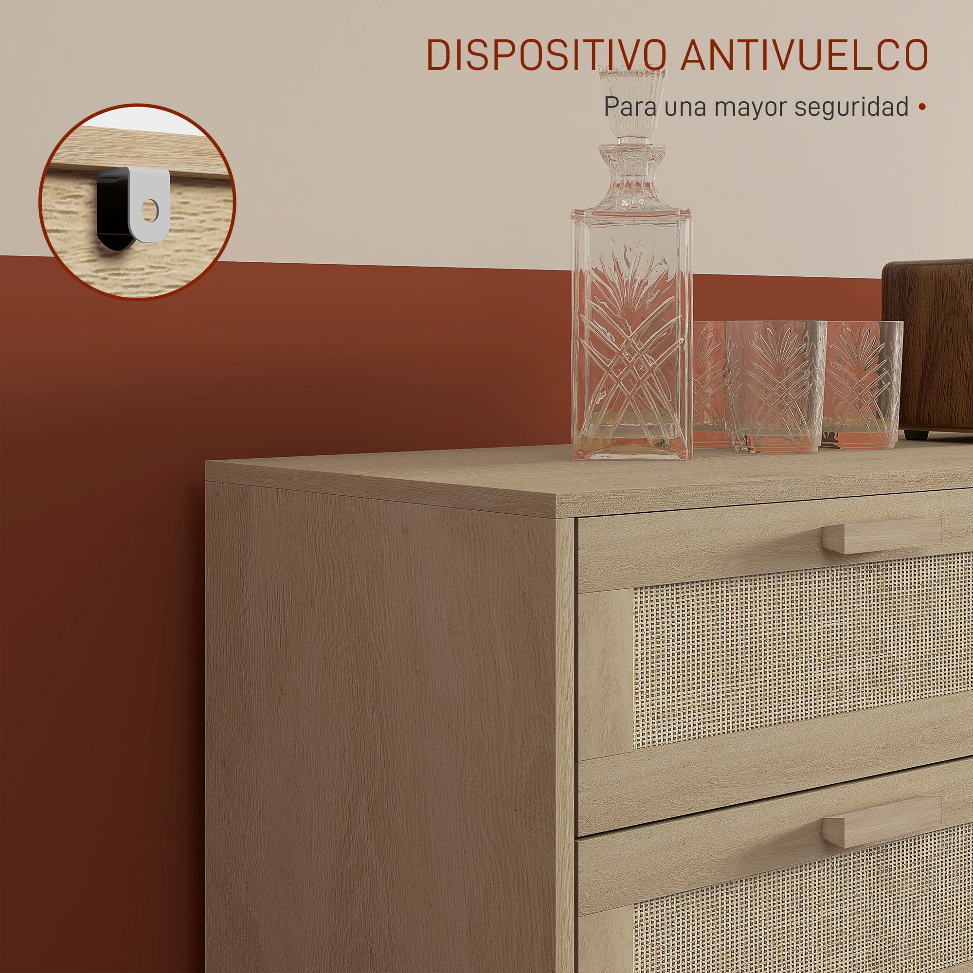 Cómoda 6 Cajones con Frontal de Ratán, Cómoda Dormitorio con Patas de Madera, Cajonera para Salón, Oficina, Estilo Bohemio, 110x40x75 cm, Roble