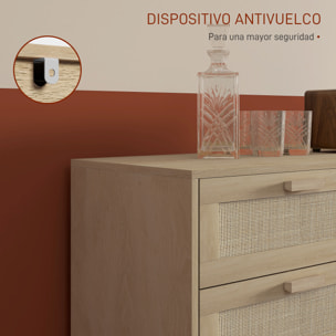 Cómoda 6 Cajones con Frontal de Ratán, Cómoda Dormitorio con Patas de Madera, Cajonera para Salón, Oficina, Estilo Bohemio, 110x40x75 cm, Roble