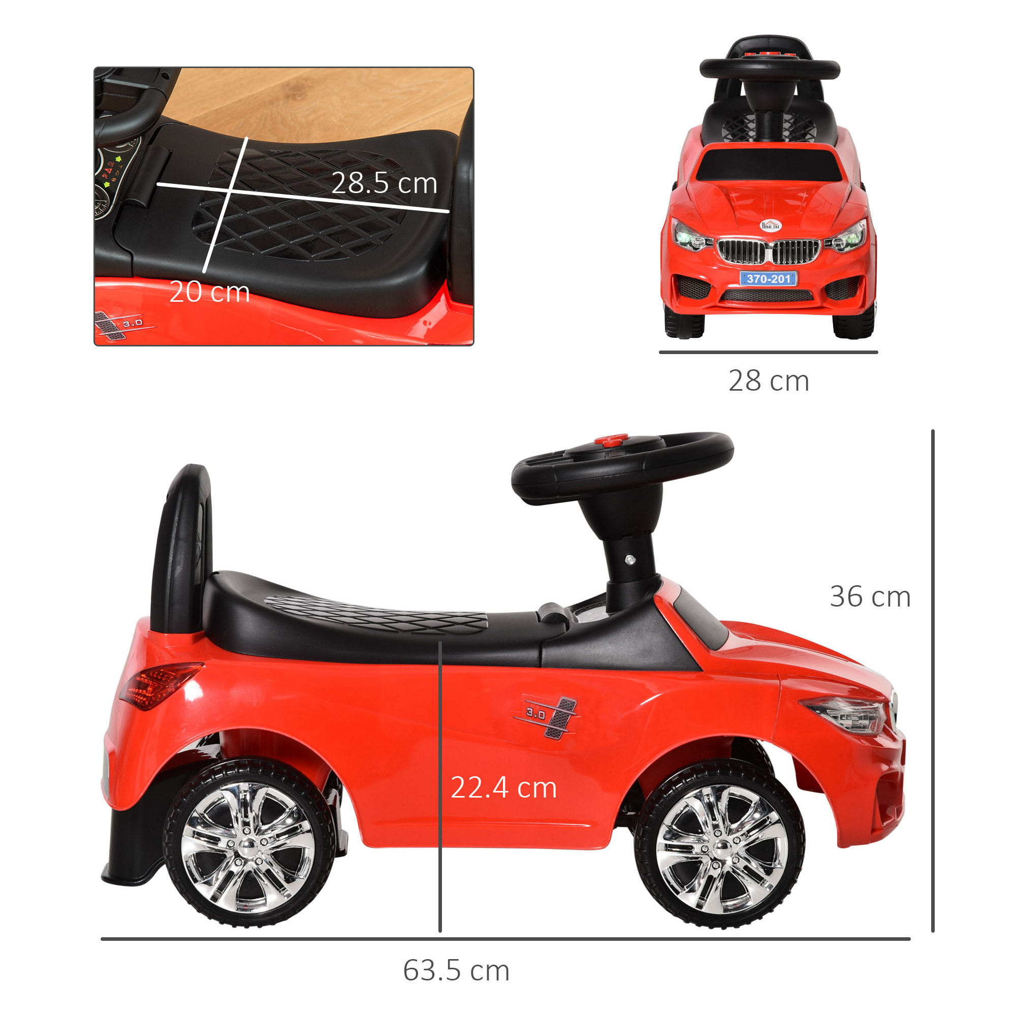 HOMCOM Macchinina per Bambini Cavalcabile con Volante, Fari e Musiche, Età 18-36 Mesi, Rosso