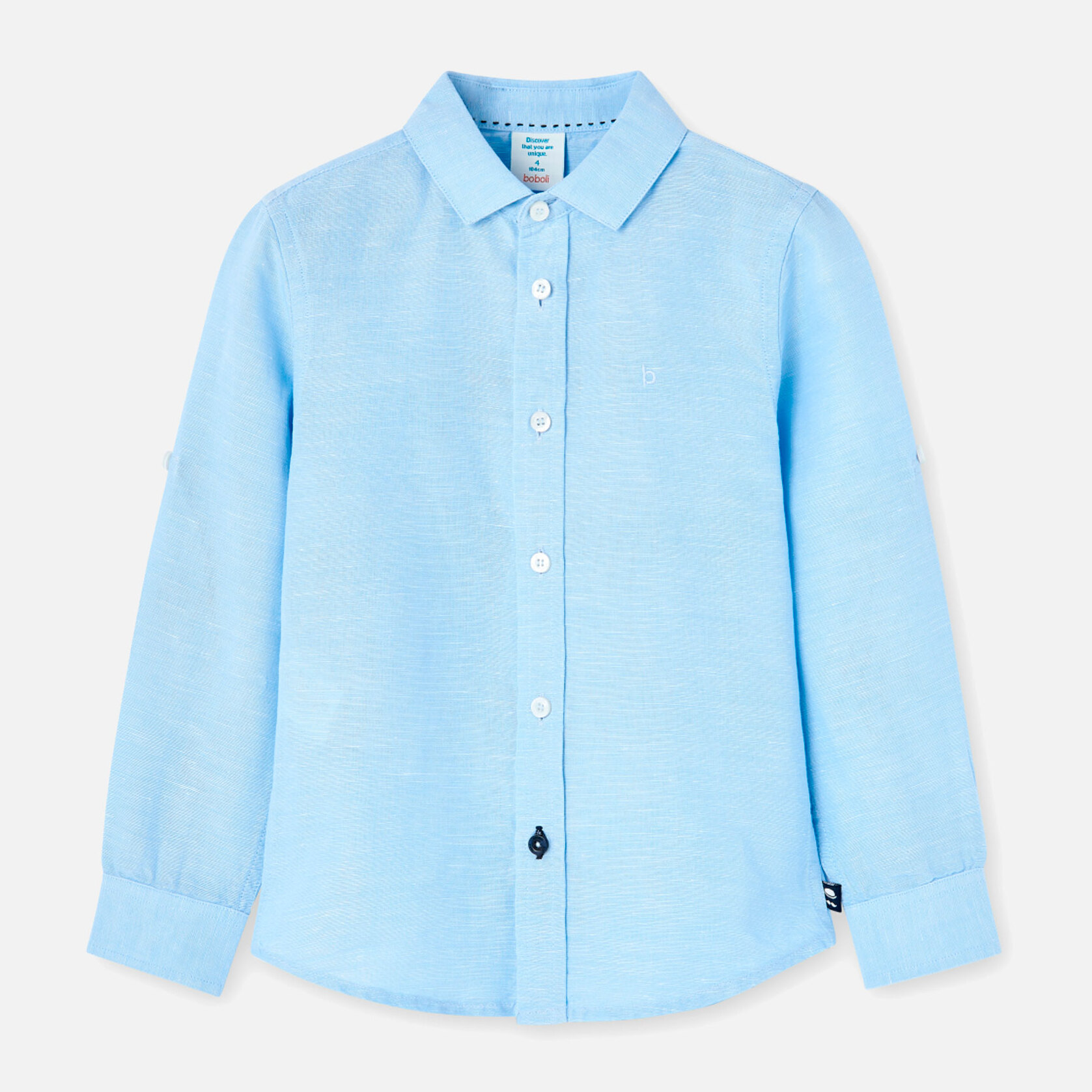 Camisa de lino niÃ±o, cuello camisero, manga larga, azul