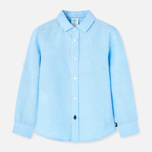 Camisa de lino niÃ±o, cuello camisero, manga larga, azul