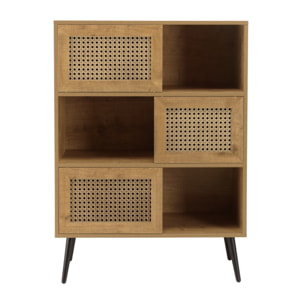 CHARLIE - Buffet marron 3 niches 3 portes effet cannage pieds métal
