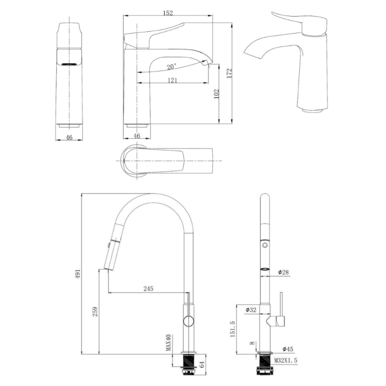 set mitigeur lavabo avec bec cascade + mitigeur cuisine, douchette extractible et bras pivotant, chrome (SATINFBSDBS271)