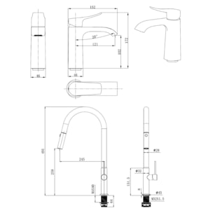 set mitigeur lavabo avec bec cascade + mitigeur cuisine, douchette extractible et bras pivotant, chrome (SATINFBSDBS271)
