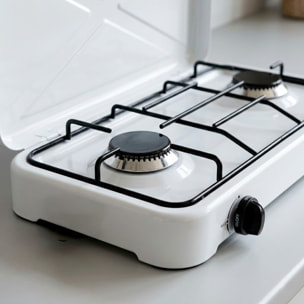 Fornello A Gas Portatile 2 Fuochi con Coperchio Piano Cottura Campeggio GPL Gas Naturale Fornello da Camping In Acciaio Con Griglie Bianco