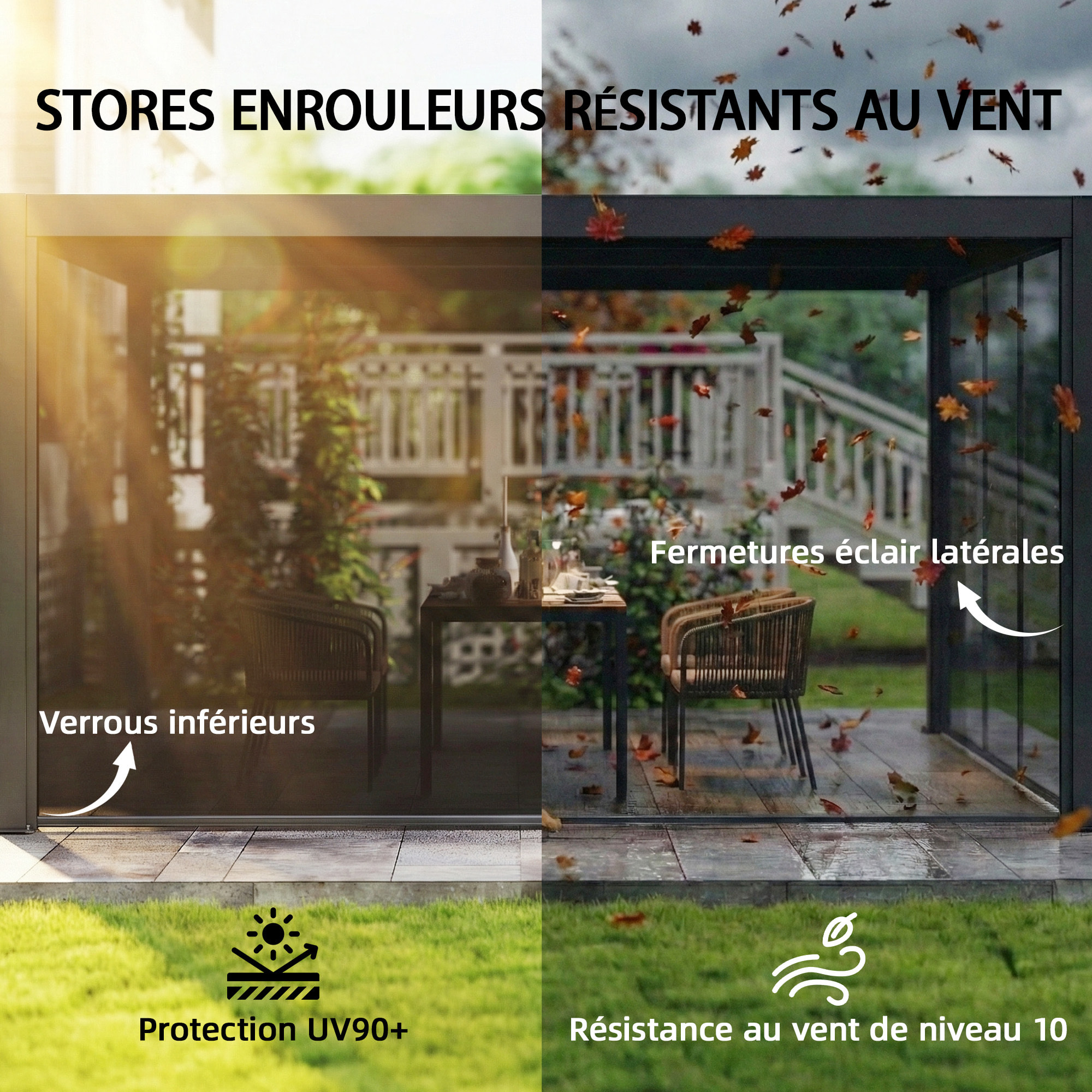 Pergola bioclimatique lames orientables stores latéraux aluminium gris