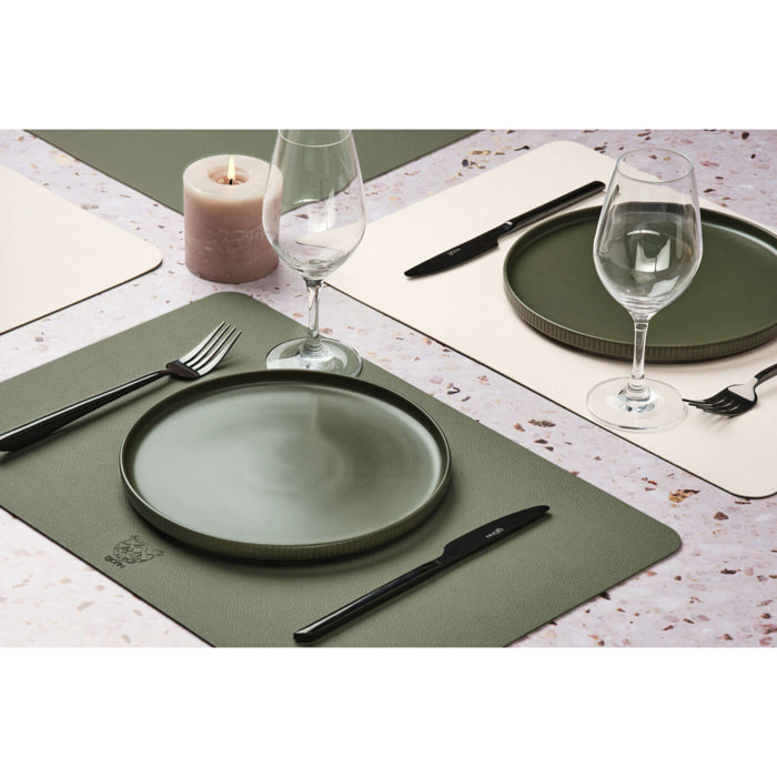 Set de table rectangulaire réversible - 6 pièces - Cuir recyclé blanc crème et vert de gris