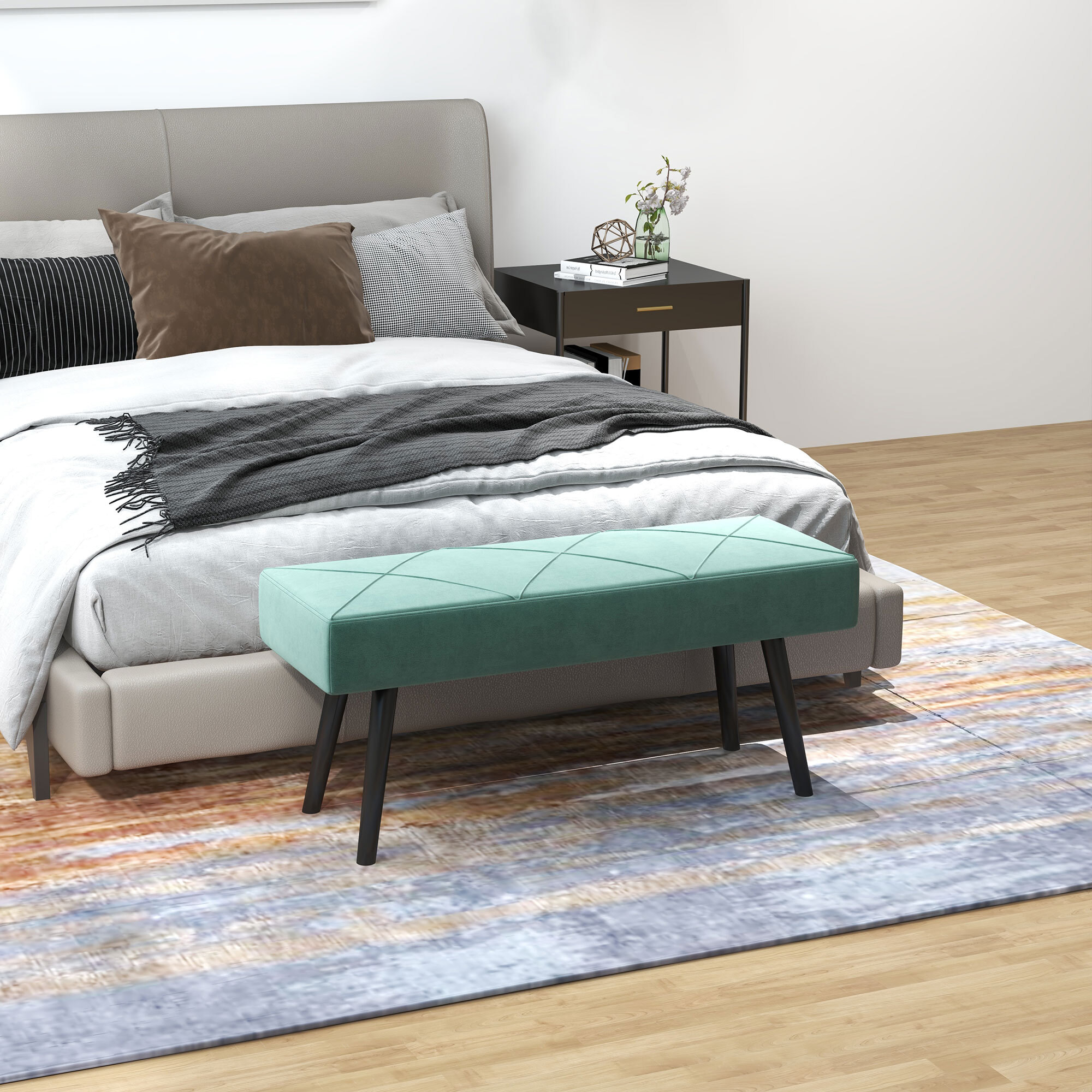 Taburete Pie de Cama Multifuncional Banco Pie de Cama Moderno Banco Dormitorio con Pies de Acero y Asiento Acolchado Carga 120 kg para Entrada Pasillo 100x36x45 cm Verde