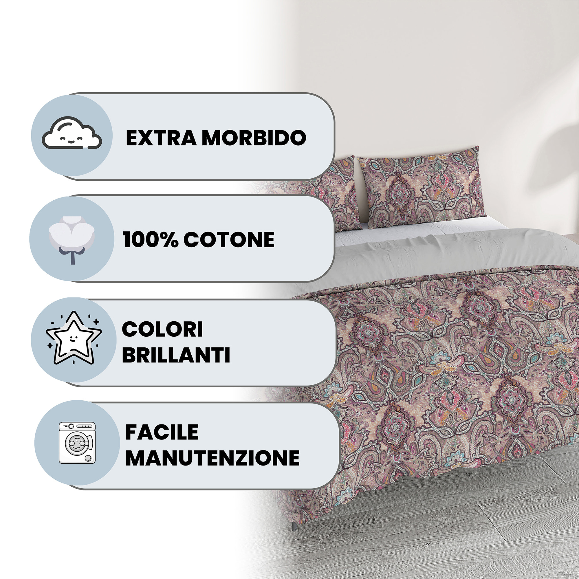 PARURE COPRIPIUMINO MATRIMONIALE AURORA STAMPA DIGITALE -100% cotone Made in Italy