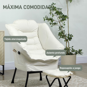 Sillón de Salón con Reposapiés Sillón de Relax Butaca para Dormitorio con Bolsillos Laterales y Patas de Acero para Sala de Estar Crema