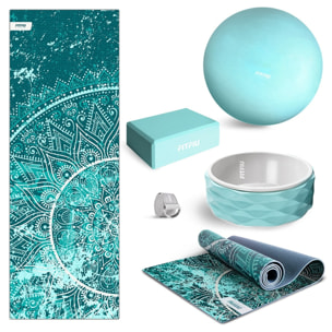 Pack accesorios yoga azul FITFIU esterilla, bloque, bola, rueda correa
