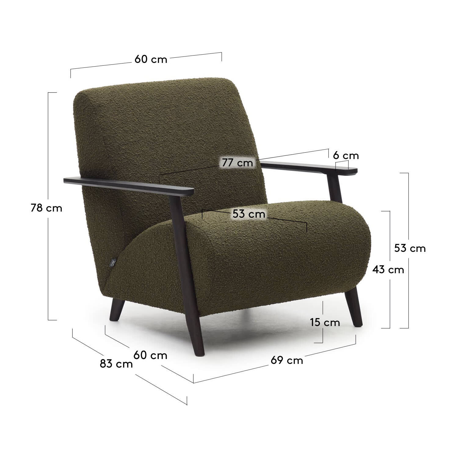 Kave Home - Poltrona Meghan in shearling verde e gambe in legno massello di frassino finitura wengé