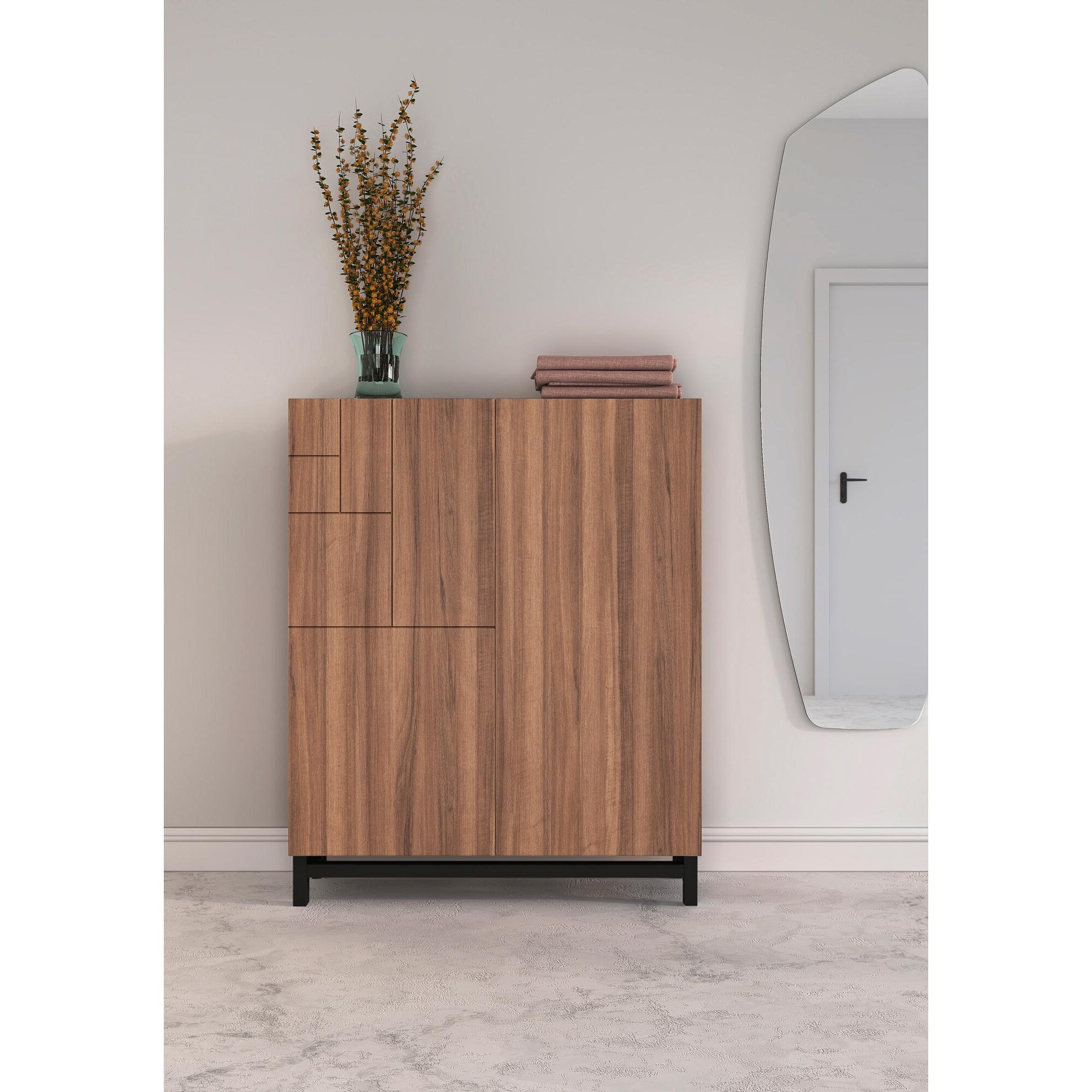 Zapatero melamina Volda nogal patas negro 112x90x27 cm