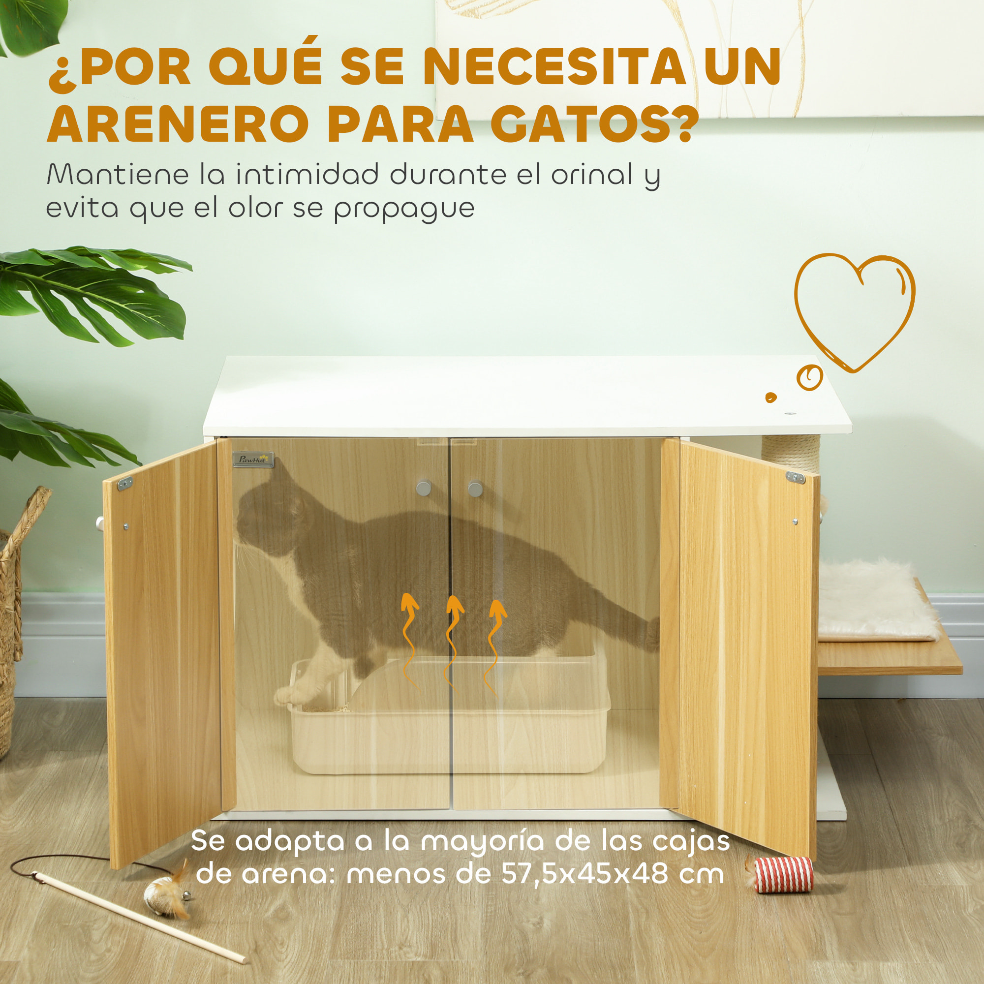 Mueble Arenero para Gatos 3 en 1 Nido Mesa Auxiliar Caja de Arena para Gatos con Puertas Cojín Poste para Rascar y Centro de Juegos para Salón Dormitorio 94x48x50,5 cm Roble y Blanco