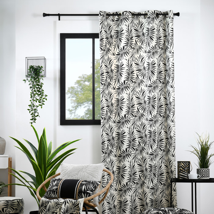 Rideau à oeillets imprimé feuillage tropical en coton - Ecru
