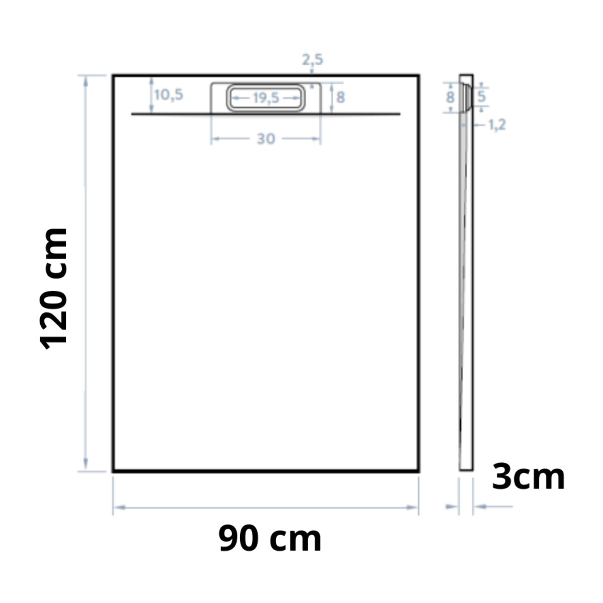 Fusion Receveur de douche 120x90cm en marbre coulé avec siphon, Blanc (SATFU12090BL-S)