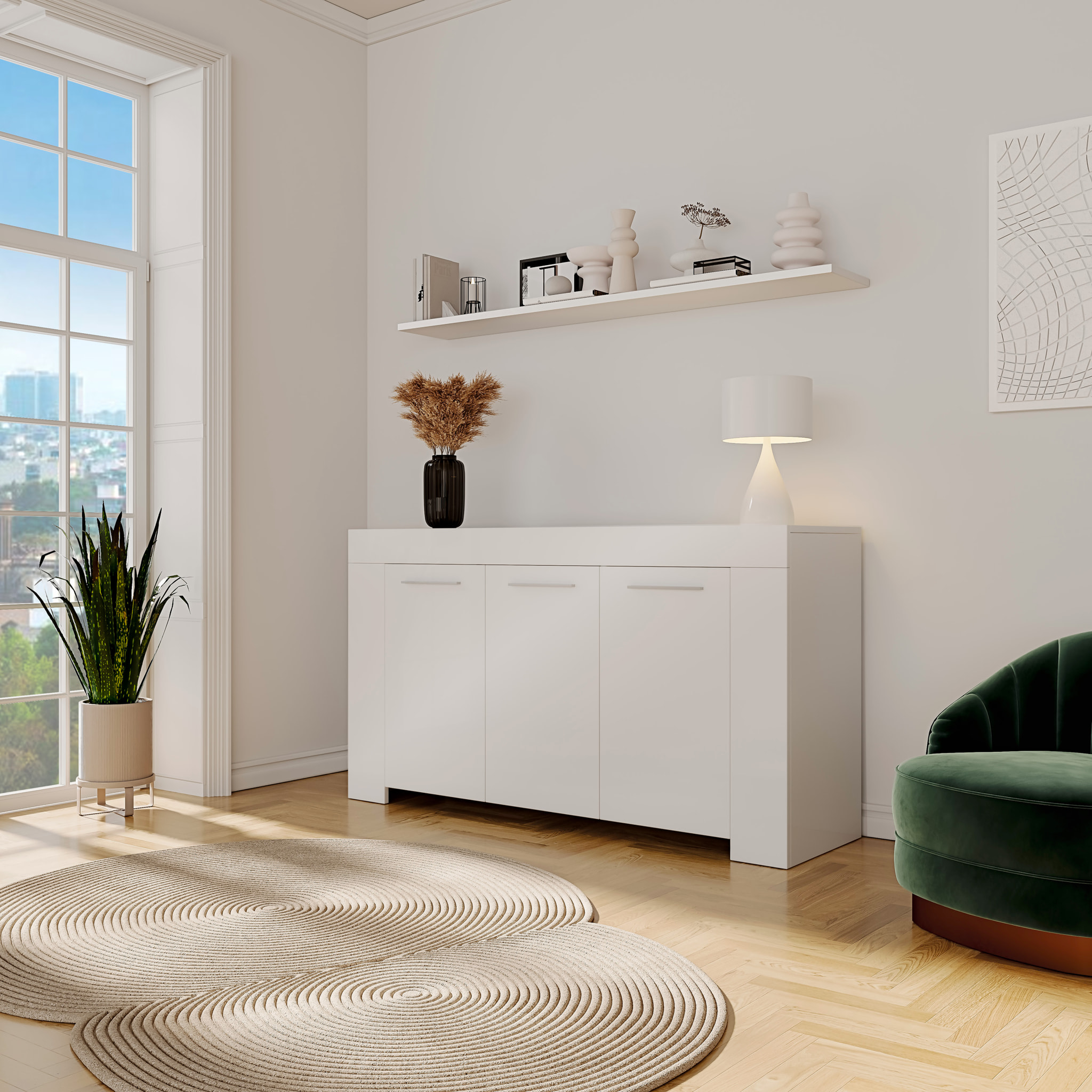 Credenza 3 Ante Design Con 5 Vani Capienti Multi Spazio Stile Moderno Nairobi Per  Soggiorno Cucina Sala Da Pranzo, Mobile Tv  144 x 80 x 42 cm Bianco