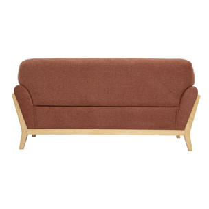 Canapé scandinave 2 places en tissu effet velours texturé terre brûlée et bois clair YOKO