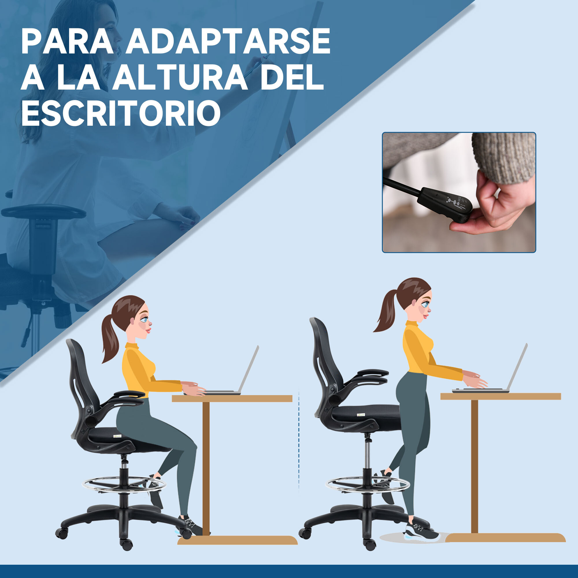 Silla de Dibujo Giratoria Silla de Escritorio Alta con Respaldo Medio Soporte Lumbar Reposabrazos Abatibles Altura Ajustable Carga 120 kg 59x65x110-130 cm Negro