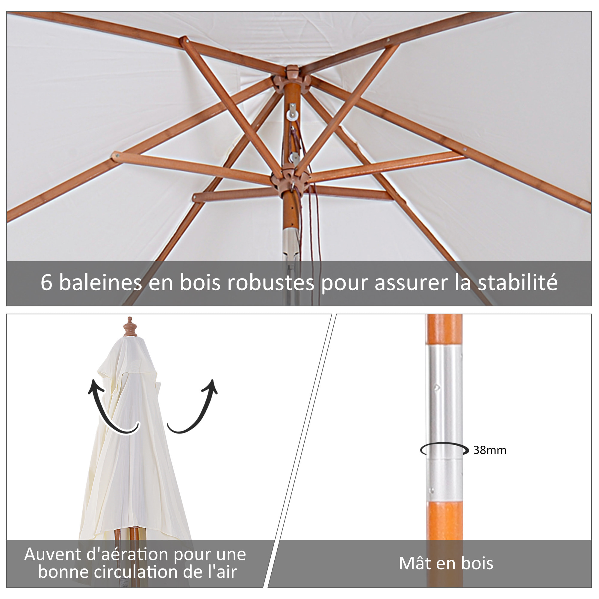 Parasol rectangulaire inclinable bois polyester haute densité 2L x 1,5l x 2,3H m crème