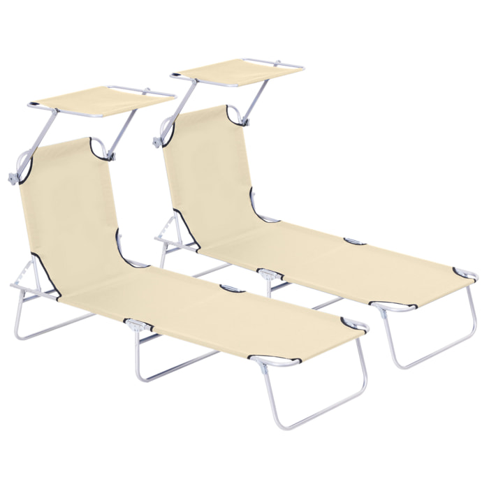 Conjunto de 2 Tumbonas Plegables Tumbonas de Jardín con Toldo Desmontable y Regulable Respaldo Reclinable para Terraza Acampada 187x58x36 cm Beige