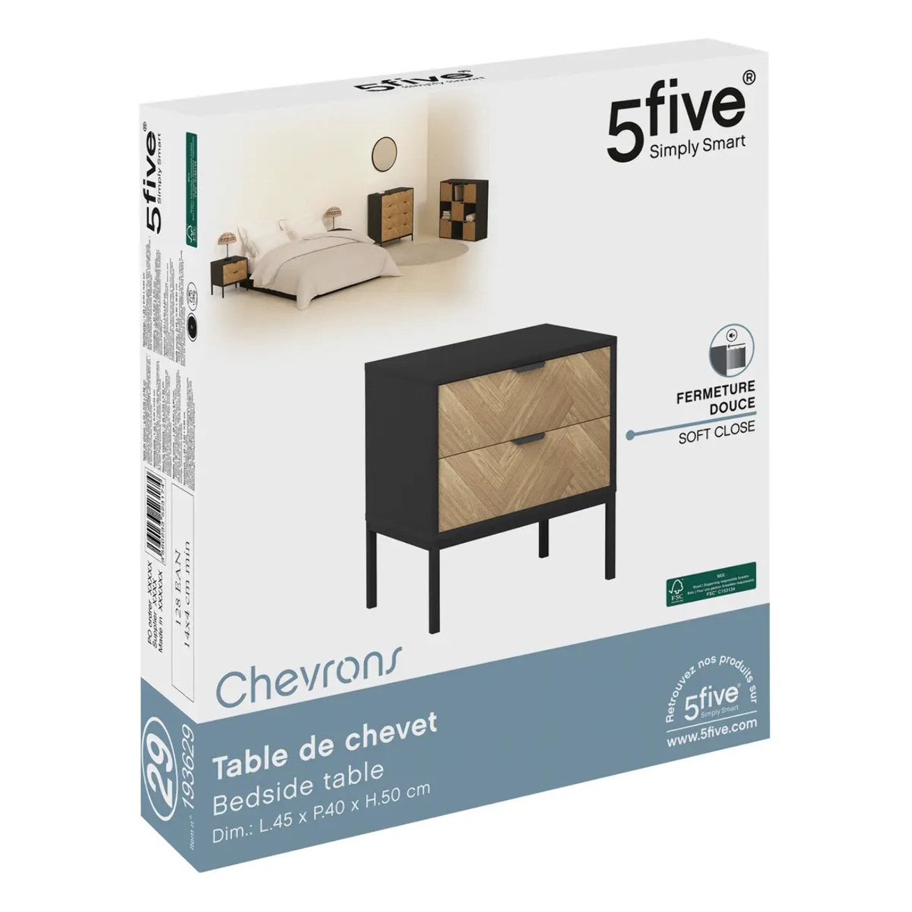 Chevet "Chevrons" 2 tiroirs effet pin naturel et noir 50x45cm