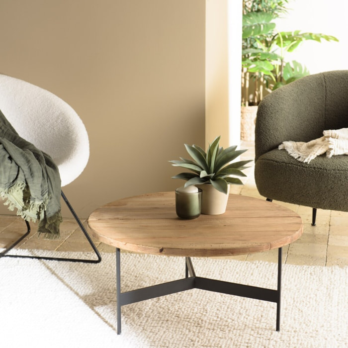 DANDY - Table basse ronde 70x70cm bois pin recyclé et pieds métal noir