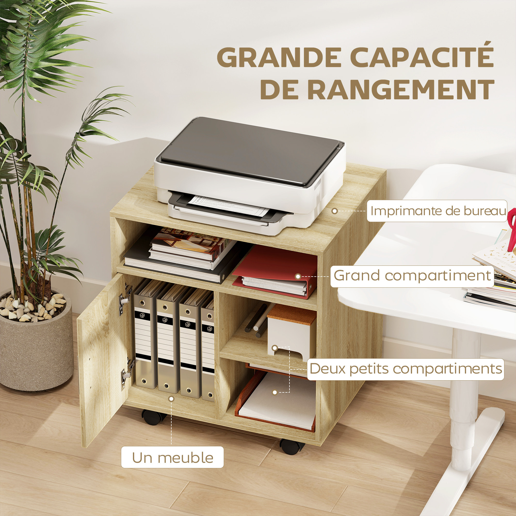 Support d'imprimante organiseur bureau caisson porte 3 niches grand plateau naturel