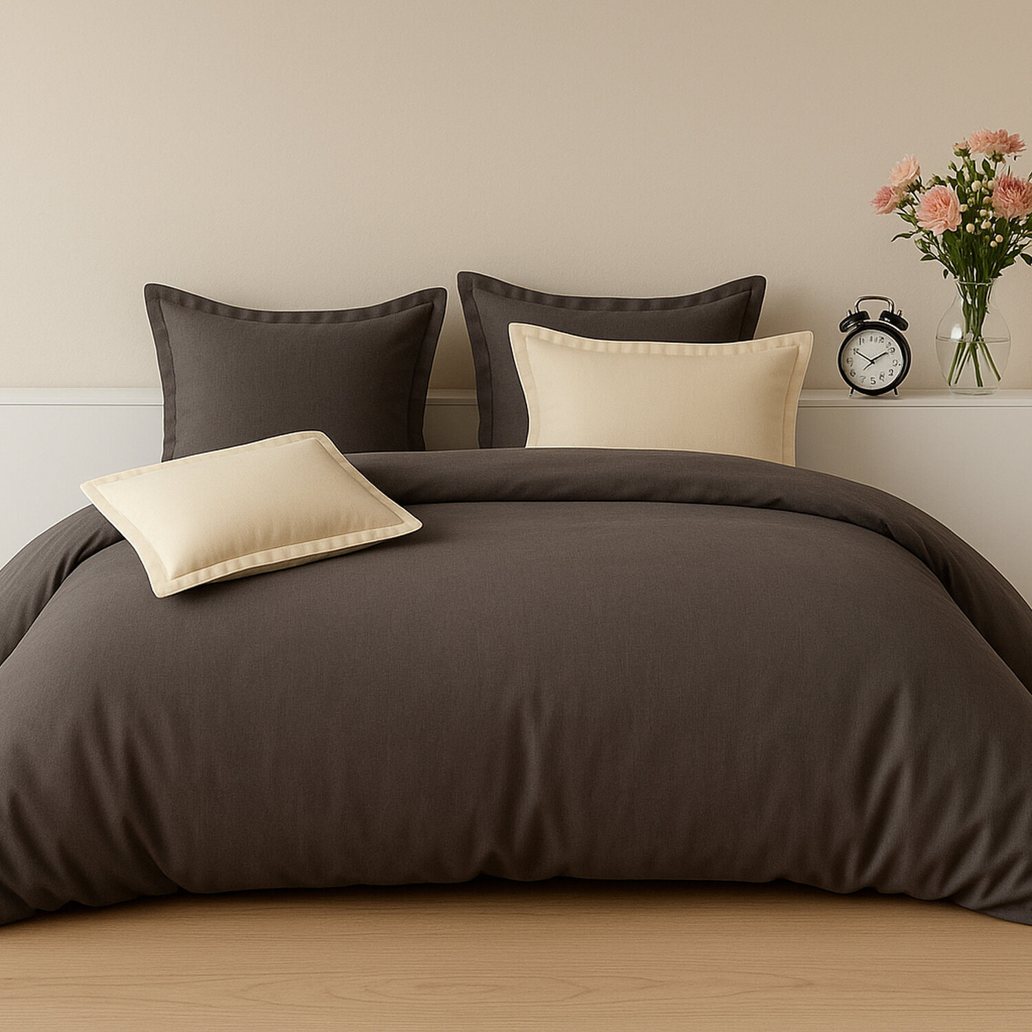 Paire de taies d'oreiller avec volant 100% percale de coton - chocolat