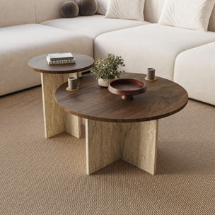 Ensemble de 2 tables basses rondes effet noyer et travertin BLISS