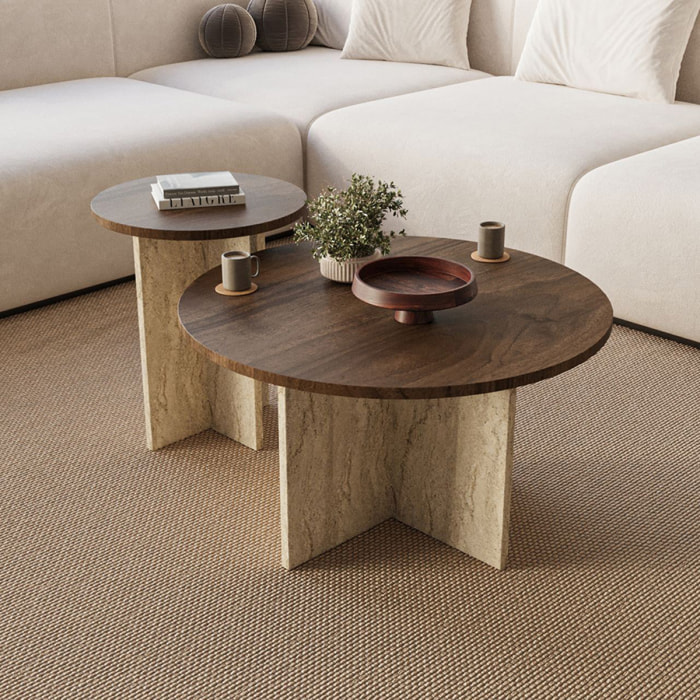Ensemble de 2 tables basses rondes effet noyer et travertin BLISS