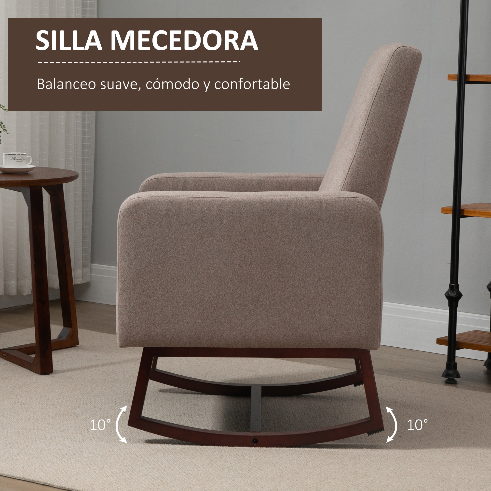 HOMCOM Silla Mecedora Tapizada en Franela Sillón Balancín Relax con Asiento Reposabrazos Acolchados y Pies de Madera de Caucho Ideal Lactancia 72x75x105 cm Marrón