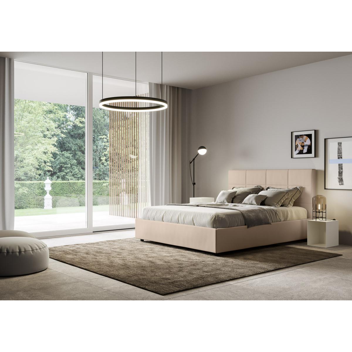 Cama con almacenaje acolchada 160x210 cuero sintético gris paloma Mika