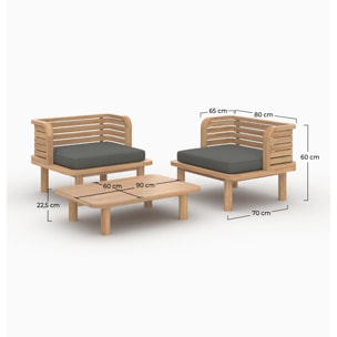 Salon de jardin 2 places en teck et tissu gris, 2 fauteuils - Kilda