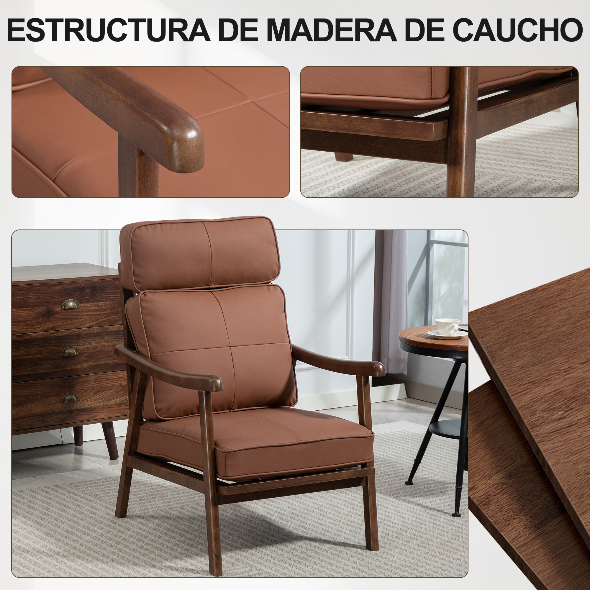 Butaca de Salón Sillón de Salón Tapizado en PU con Marco de Madera Cojines Acolchados Gruesos Respaldo Alto Carga 150 kg Sillón Lectura para Sala de Estar Dormitorio Marrón y Madera Nogal