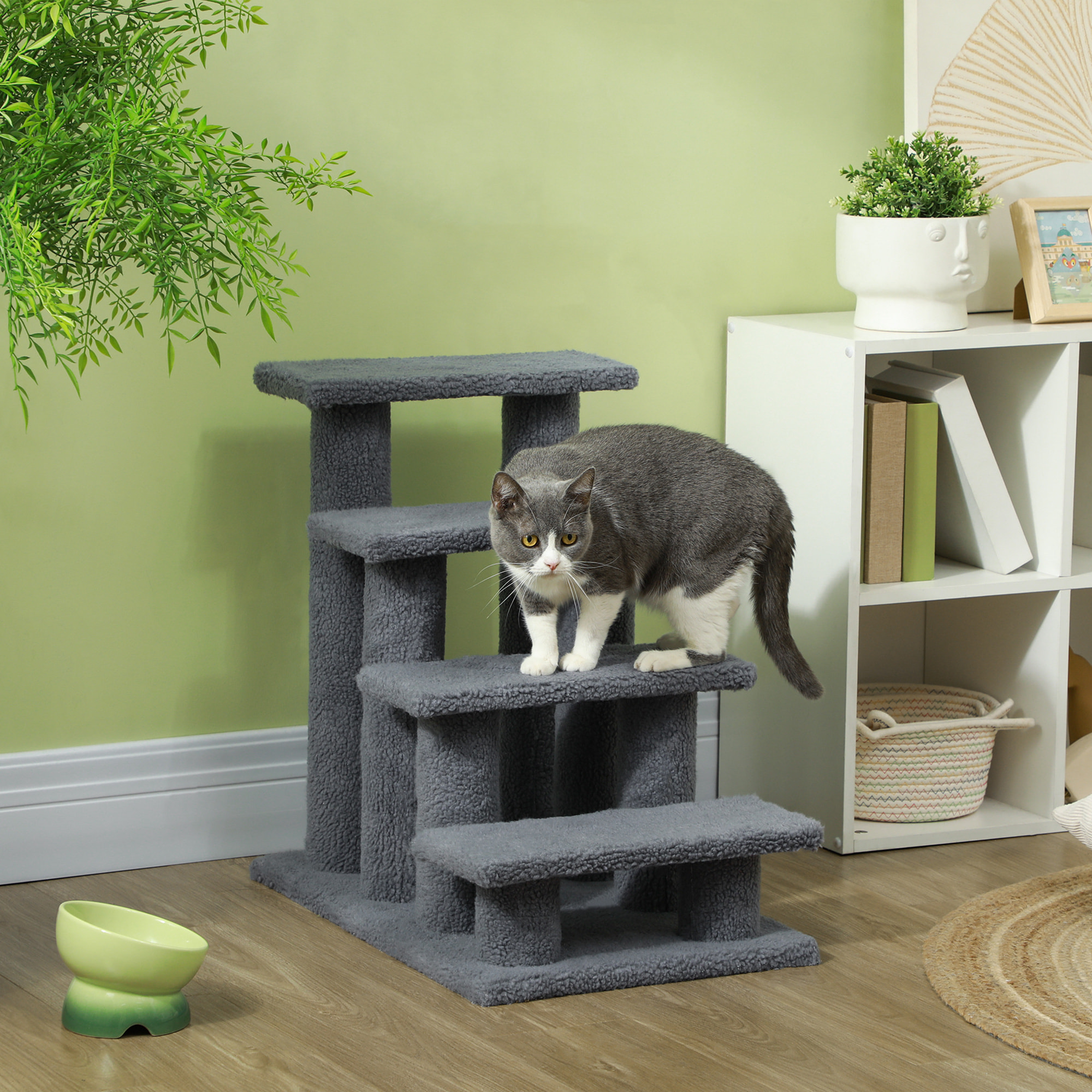 Escalier pour chat - escalier pour chien - 4 marches - revêtement flanelle grande douceur haute densité - structure panneaux particules - gris