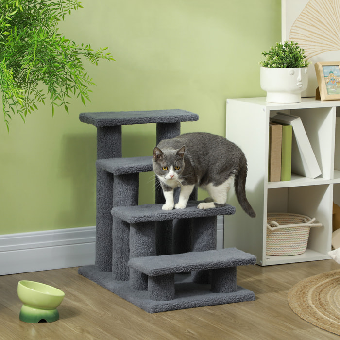 Escalier pour chat - escalier pour chien - 4 marches - revêtement flanelle grande douceur haute densité - structure panneaux particules - gris