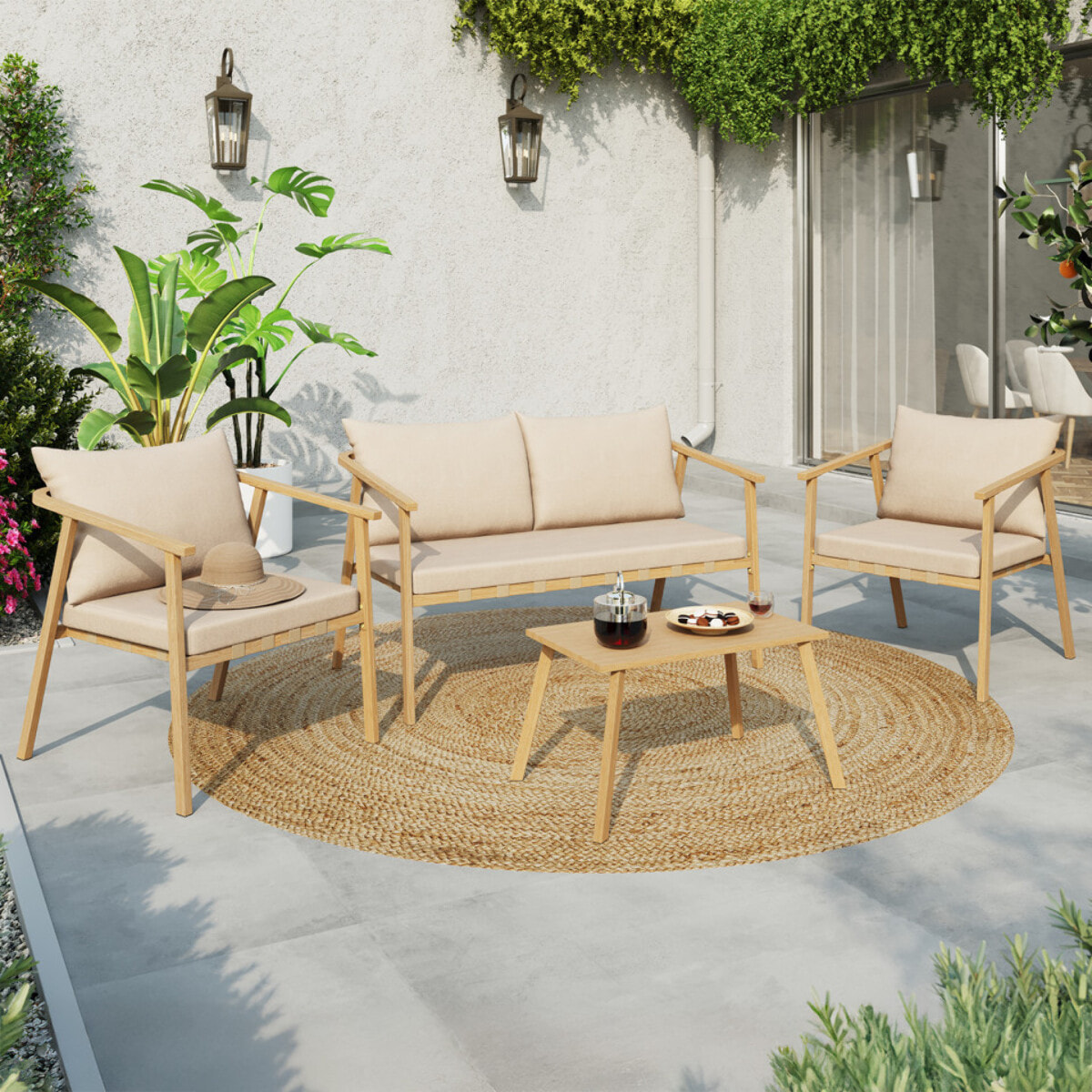 Salon de jardin Paros 4 places bois et beige