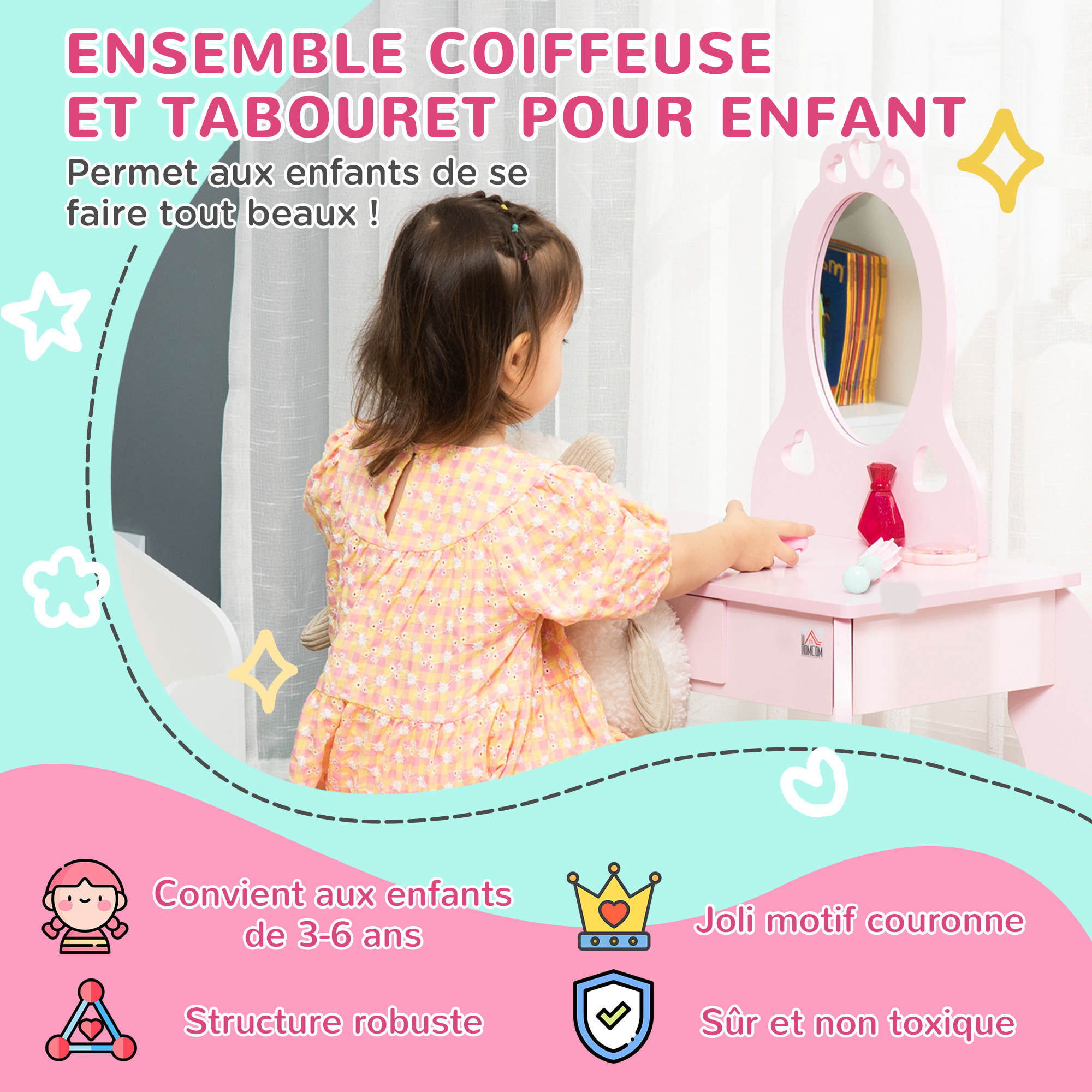 Coiffeuse enfant design girly avec motifs à coeur - tabouret inclus - dim. 60L x 36l x 88H cm - tiroir, miroir - MDF - rose