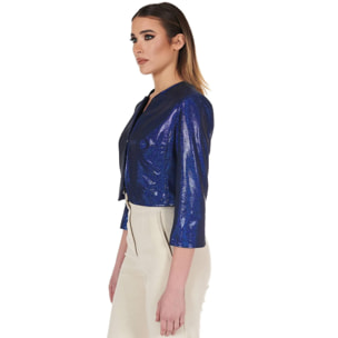 Giacca corta bolero in pelle laminata blu girocollo