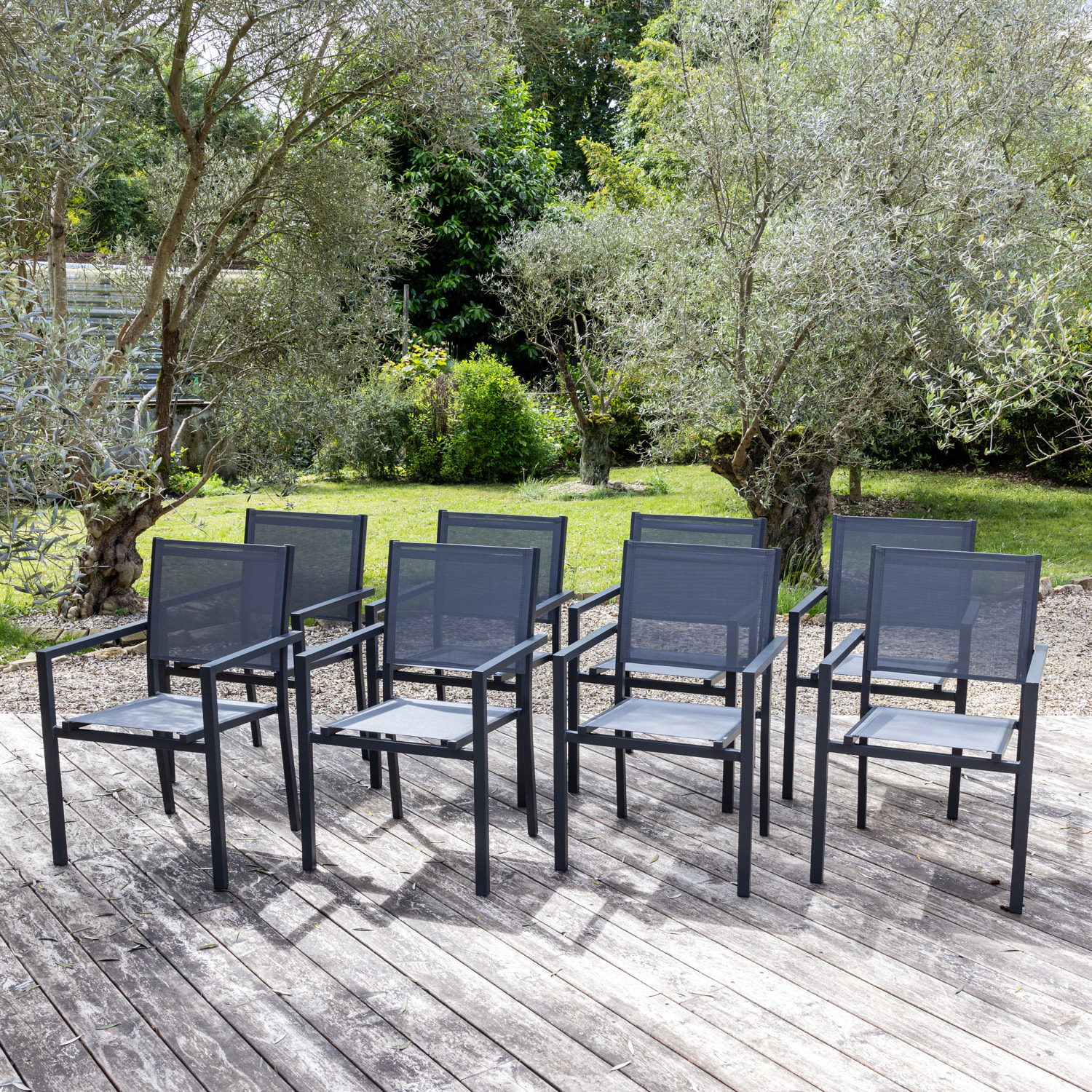 Lot de 8 chaises en aluminium anthracite - textilène gris