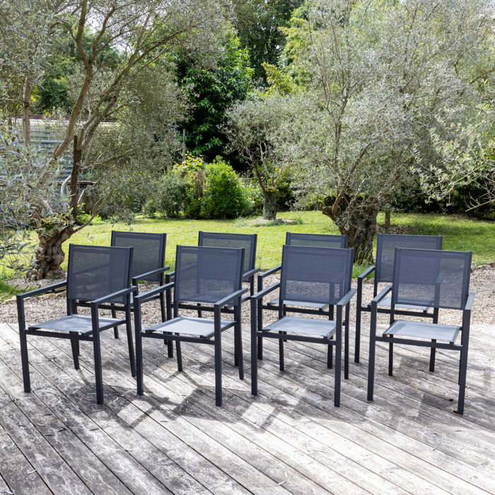 Lot de 8 chaises en aluminium anthracite - textilène gris