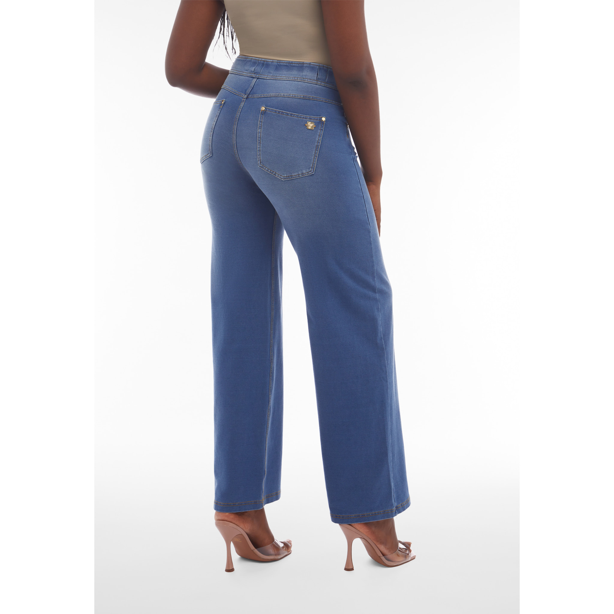 Pantaloni N.O.W.® wide leg vita alta in jersey effetto denim