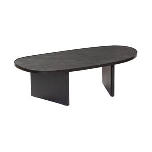 Table basse ovale bois de manguier et placage pierre noire. rebord en métal. L 119.5 x P 60 x H 35cm