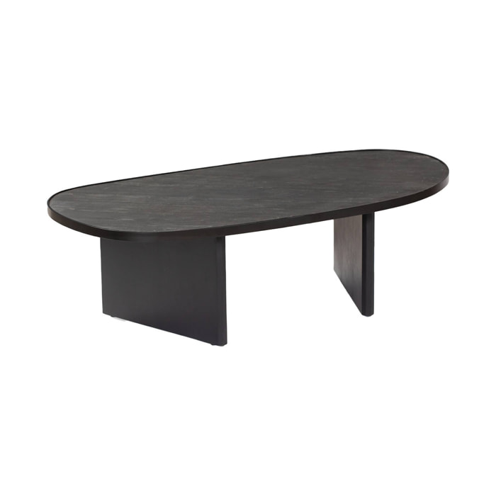 Table basse ovale bois de manguier et placage pierre noire. rebord en métal. L 119.5 x P 60 x H 35cm