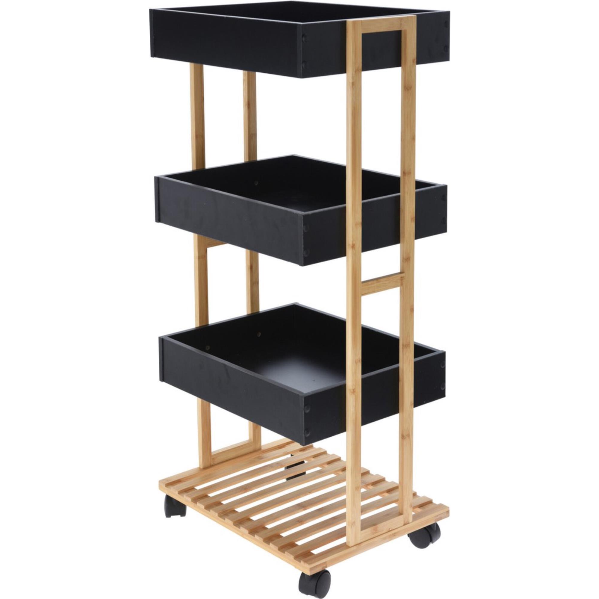 Well home carro de almacenamiento en bambú con 1 estante y 3 bandejas en color negro 40x30x87,5cm
