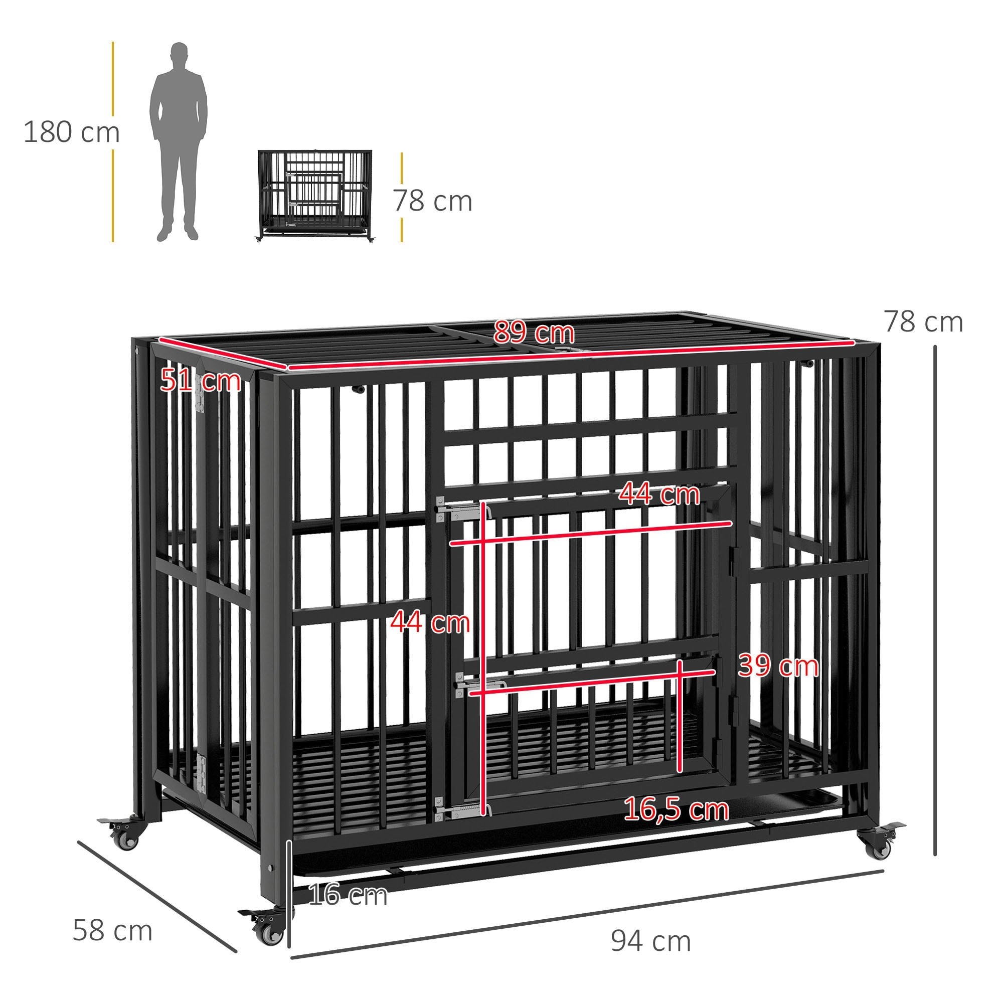 Cage pour chien animaux cage de transport sur roulettes pliable 3 portes verrouillables plateau amovible acier noir