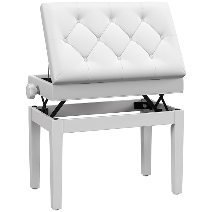 Banquette tabouret siège pour piano hauteur réglable 55L x 33l x 48-58H cm coffre de rangement interne assise revêtement synthétique capitonné bois blanc