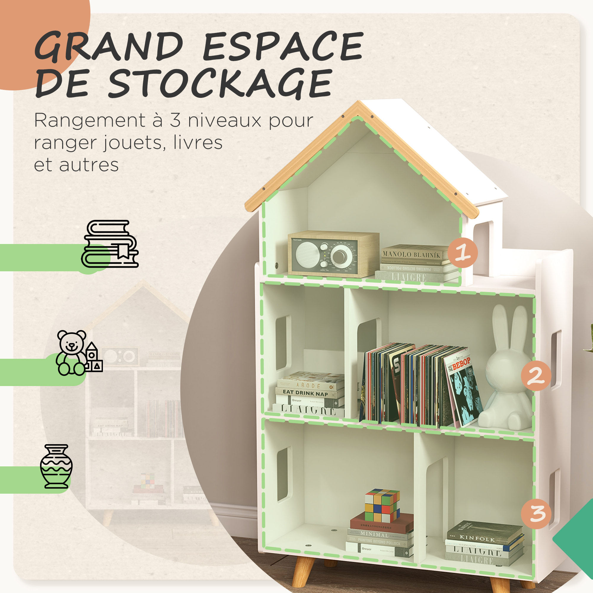 Bibliothèque étagère scandinave design maison 5 niches étagère pieds effilés bois pin MDF blanc