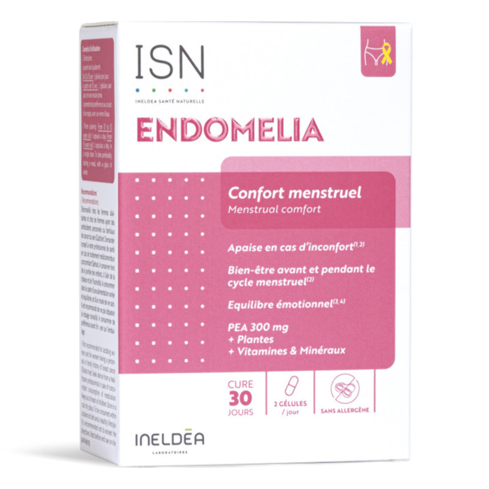 ISN - Endomelia - Complément alimentaire à base de PEA, NAC, Resvératrol, Plantes, Vitamines & Minéraux - Favorise le confort menstruel - Equilibre émotionnel - Cure 30 jours